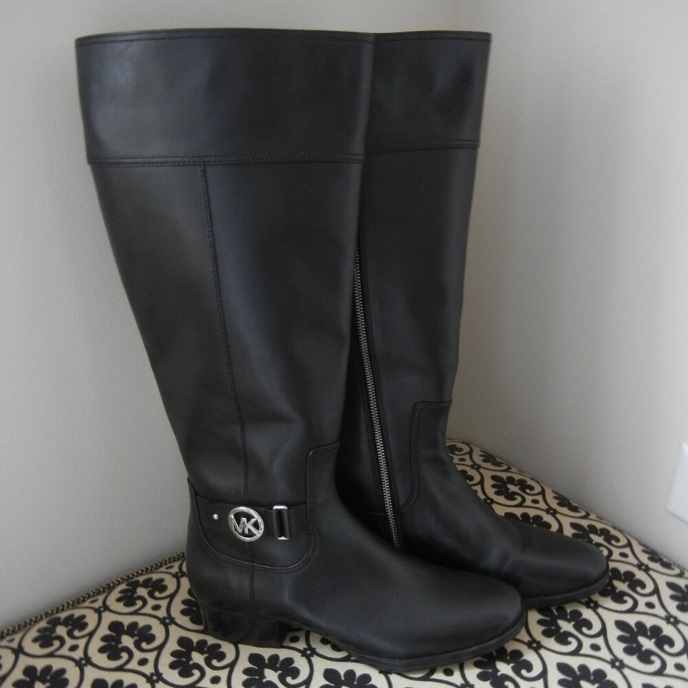 NWT Michael Kors Harland Boots - Black Leather with Sliver Trim - WIDE CALF 9.5M